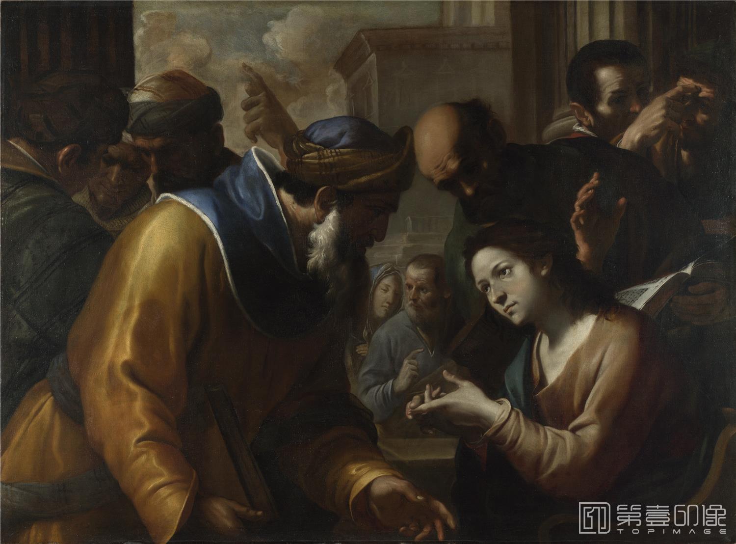 油画-大英博物馆藏画-Gregorio Preti - Christ disputing with the Doctors-1051
